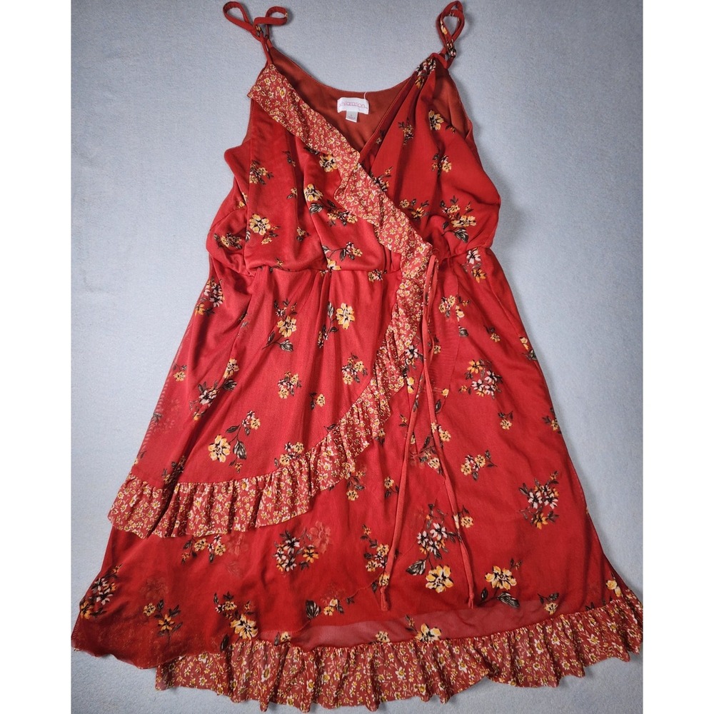 Xhilaration Red Floral Wrap Sundress L Ruffle Sleeveless Tie Closure